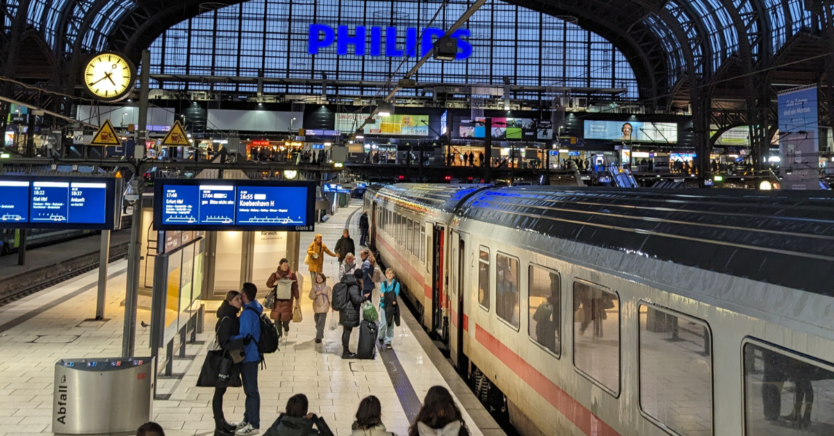 Hamburg Train Station. George travels to Sweden by train.